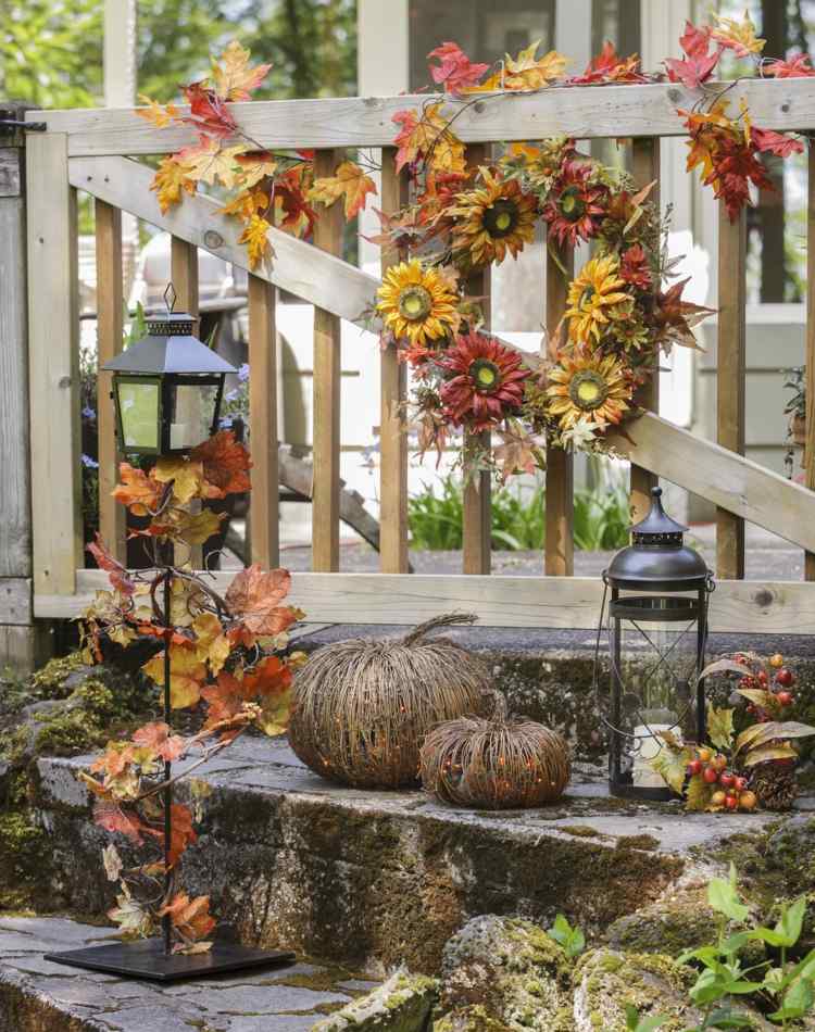 decorar lanterna de outono grinalda de flores folhas ramos de abóbora