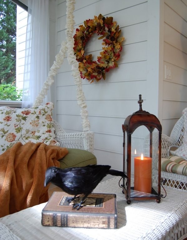 Varanda decorando outono coroa de flores mesa lateral lanterna capa de tecido sofá de balanço