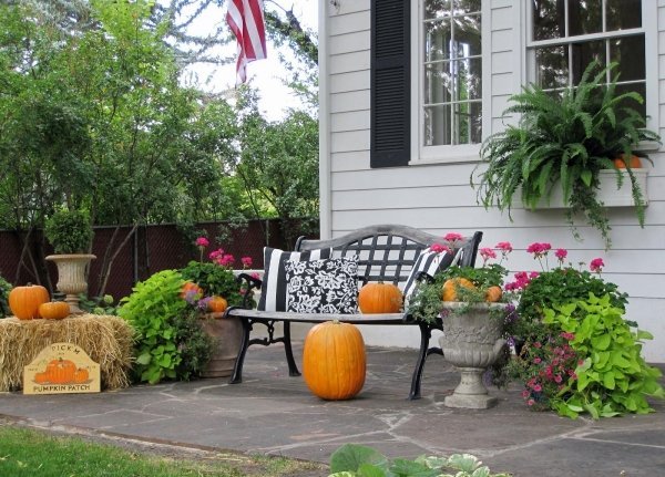 Idéias de decoração ao ar livre nos vasos de flores de abóboras de banco de jardim de outono