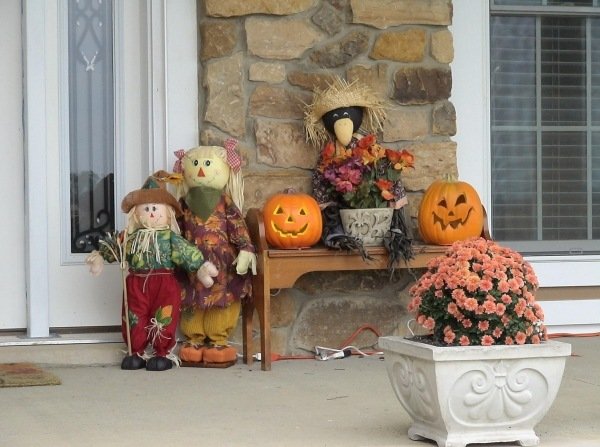 Decoração de outono, idéias de Halloween, escultura de abóboras espantalho vasos de flores