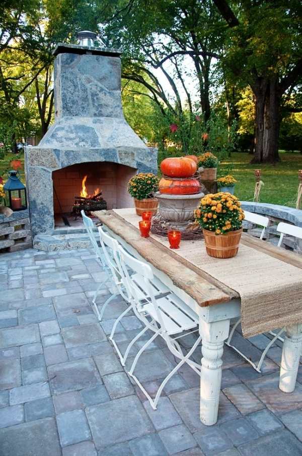 Ideias para decoração ao ar livre mesa de outono set-lareira corrediça de mesa