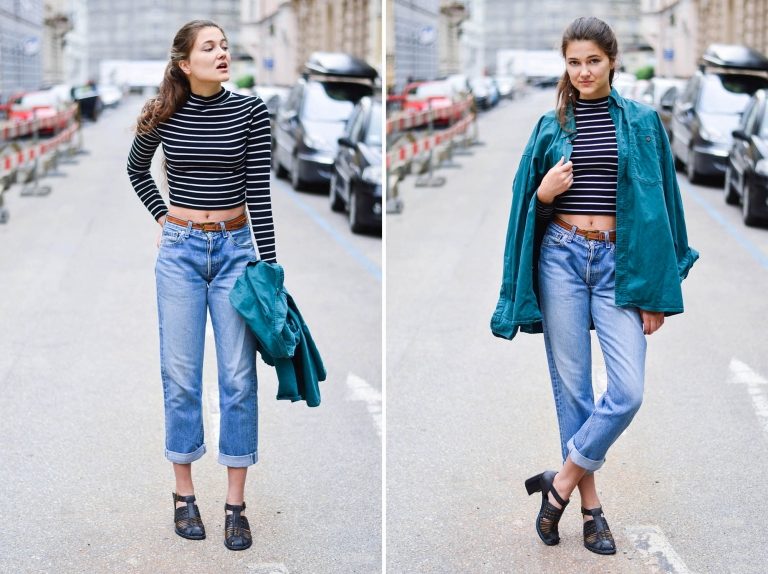 Jeans mamãe combinam camiseta superdimensionada das últimas tendências da moda