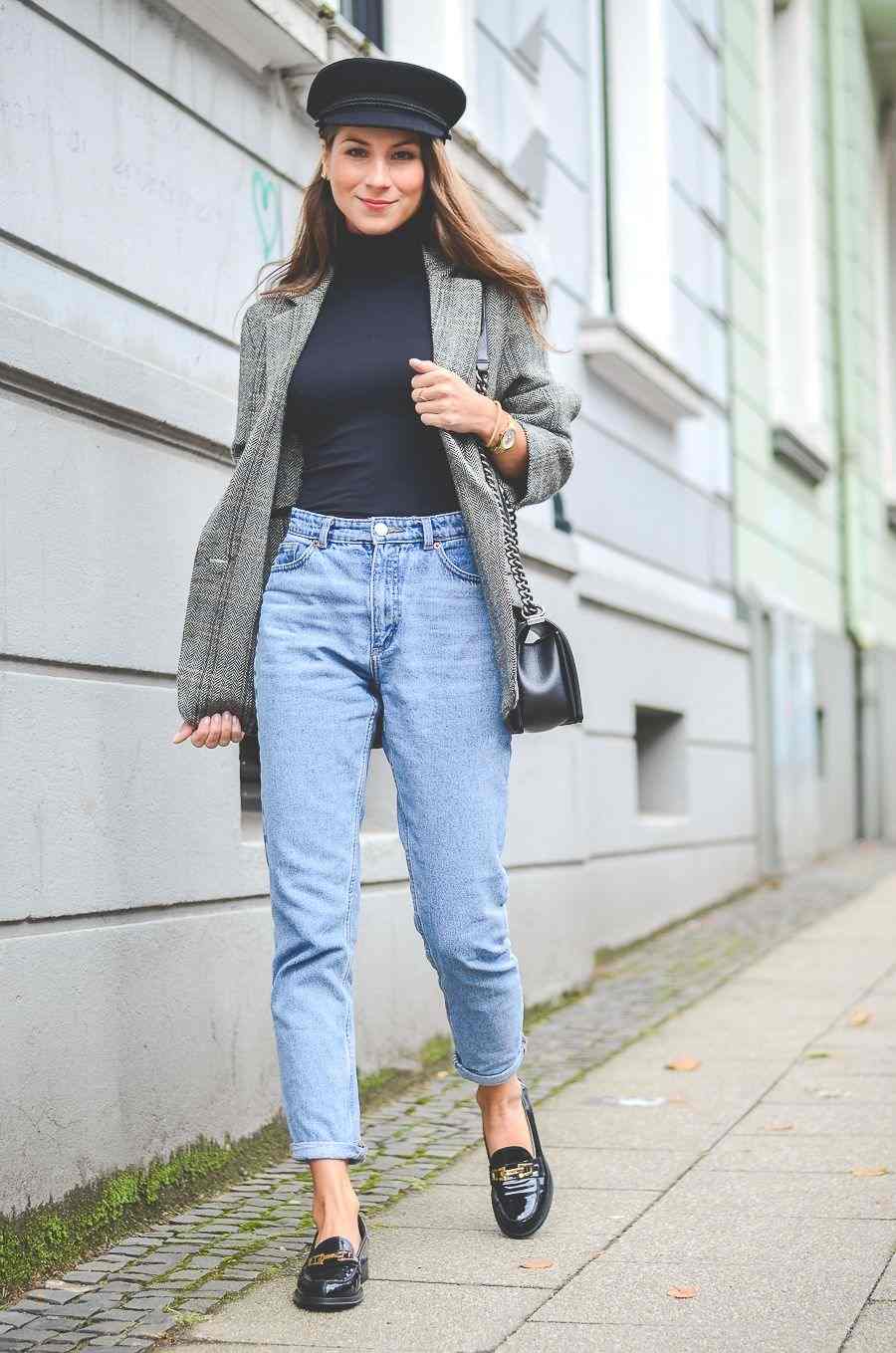Mom jeans combinam blazer mocassins bolsa de couro chapéus femininos tendências da moda 2019