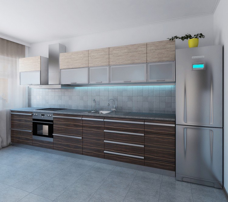 Encontre a geladeira -dicas-moderna-cozinha-iluminação-led-frentes de madeira-bancada de granito