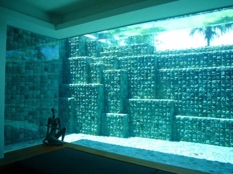 Parede de vidro com vista para interior ambiente zen água da piscina