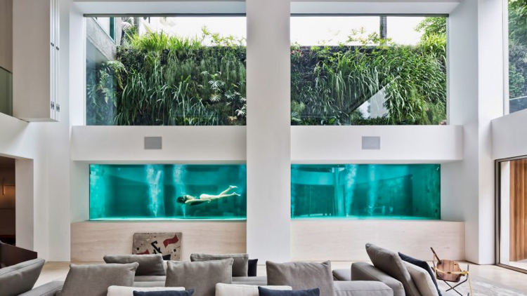 Paredes de vidro da piscina com vista da sala casa moderna São Paulo