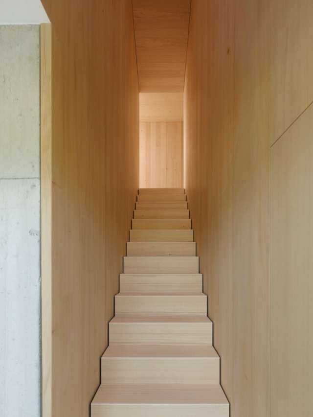 revestimento de escadas estreitas com parede de madeira