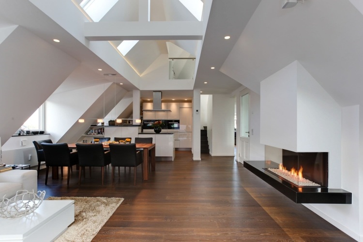 design-fogão-tijolos-fotos-moderno-gás-sala de jantar-piso de madeira-claraboias