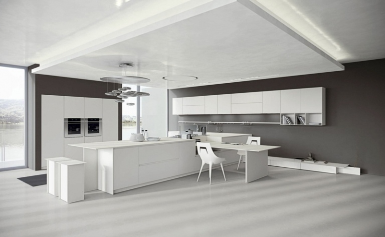 cozinha com laminado de tinta de parede cinza corian branco ilha