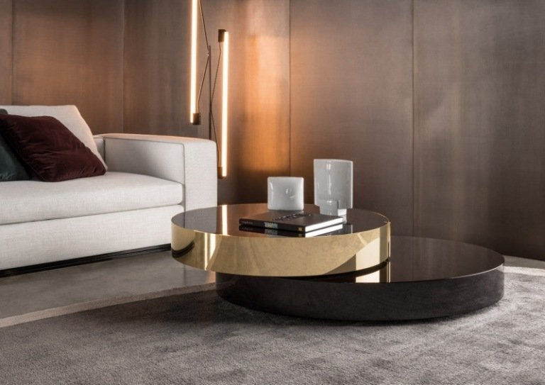 Mesa de centro de design de alto brilho-redonda-ouro-look-Minotti-BENSON