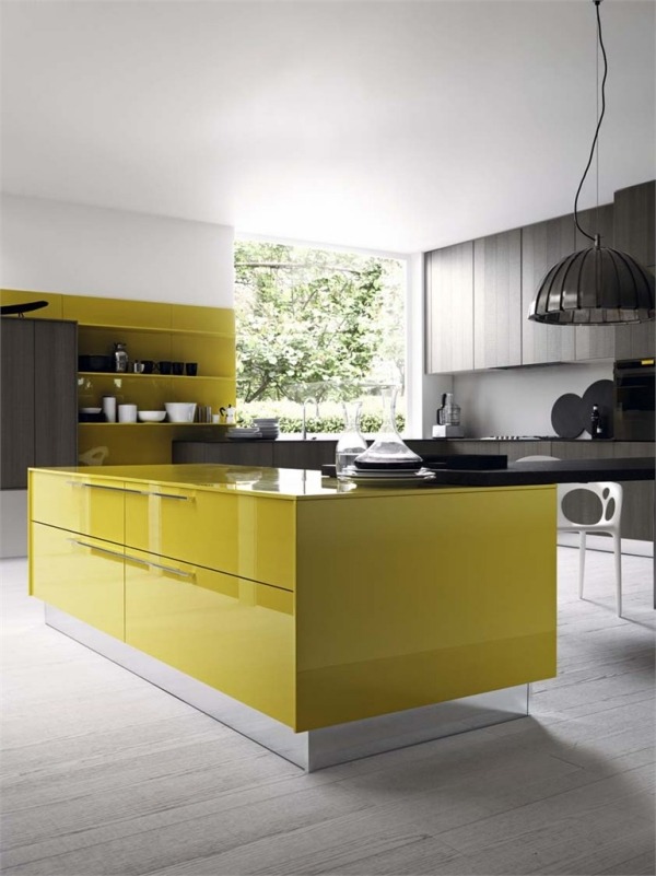 projeto cozinha ilha mesa esquema de cores amarelo cinza moderno