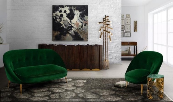 móveis estofados de brabbu de veludo verde sofá curvilíneo poltrona aparador de madeira