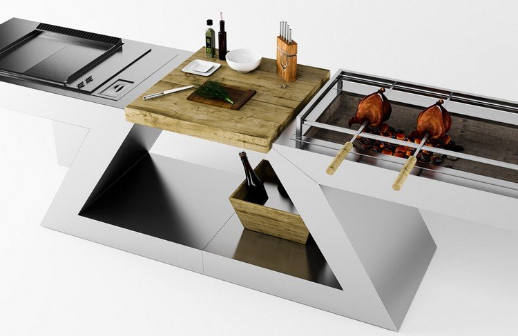 designer-multifunções-mesa-aço inoxidável-grelha-frango-pequeno-espaço de armazenamento