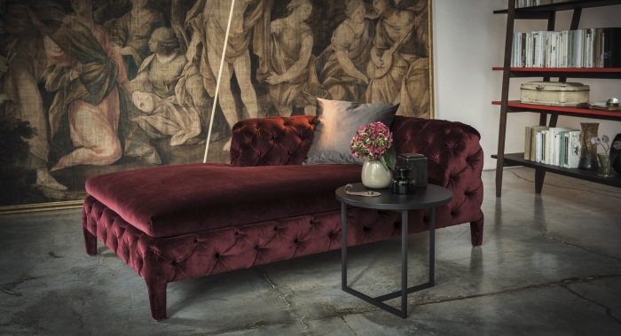 Designer-sofá-Windsor-chaise longue-veludo-vermelho-clássico-acolchoado-padrão de losango