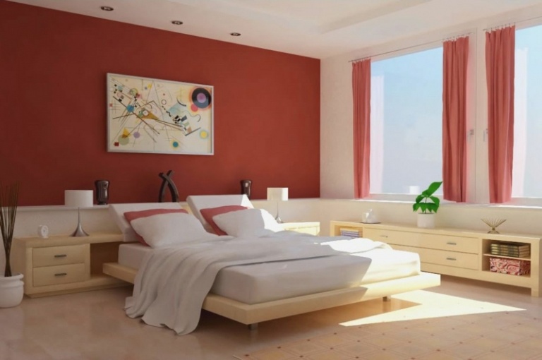 cores para quarto pastel vermelho moderno móveis de madeira clara