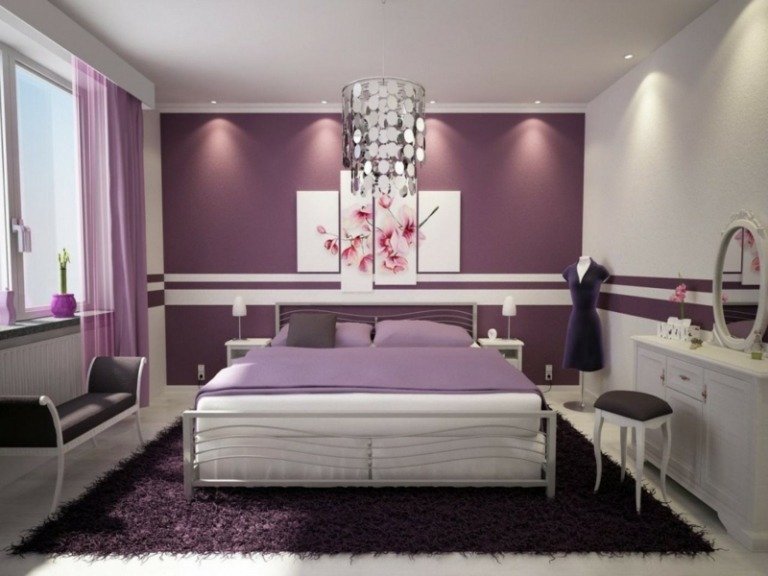 cores para quartos roxo branco acento listras cama móveis elegantes