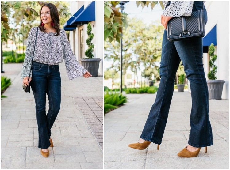 Camisa estilo calça com corte de bota e mangas sino sapatilhas marrons