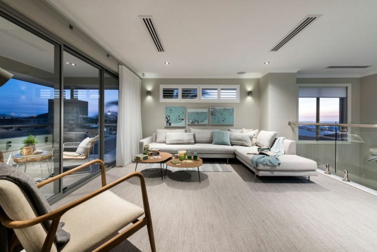terraço no primeiro andar mesa de centro dupla piso em carpete cor cinza