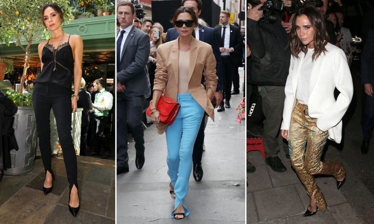 Victoria Beckham usa calças com uma tendência de fenda