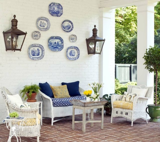 Idéias de design de móveis de vime branco de ladrilhos de terracota
