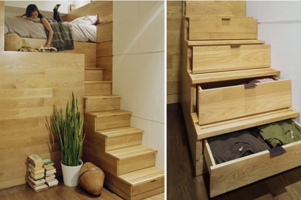 ideia de espaço de armazenamento pequeno apartamento gavetas de escada de madeira
