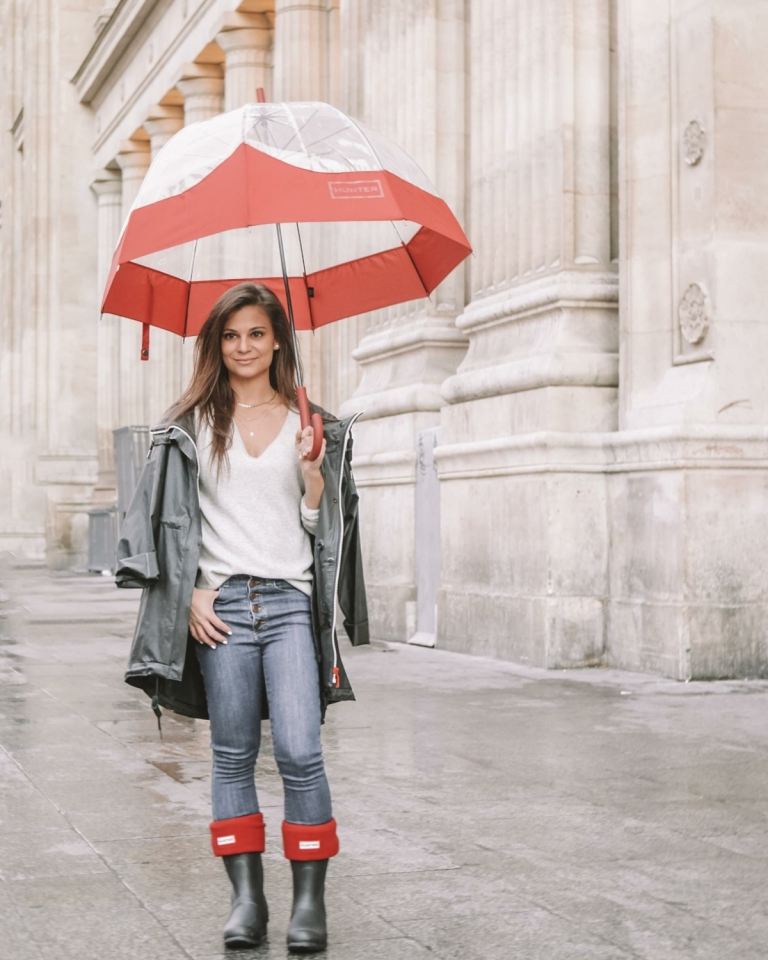 Botas de borracha elegantes com jeans, uma camisa larga e uma jaqueta na chuva no verão