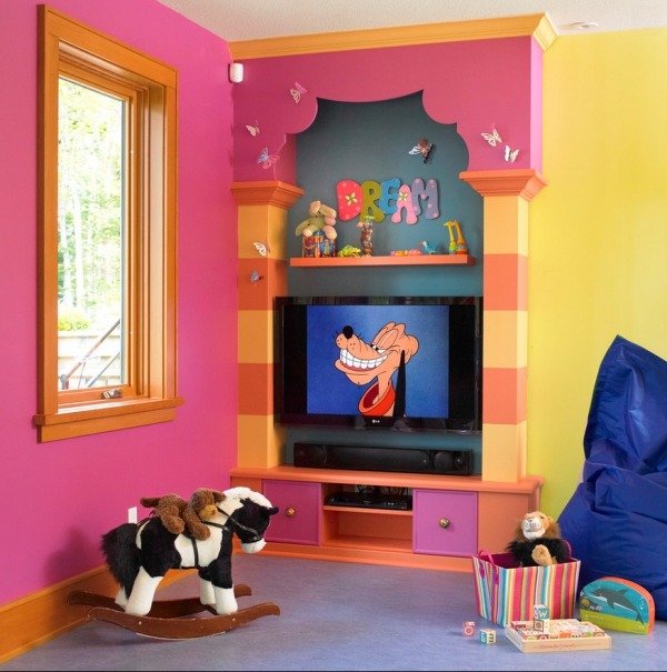 Sala de crianças Playground Área de estar Red Yellow Wall Paint TV embutida