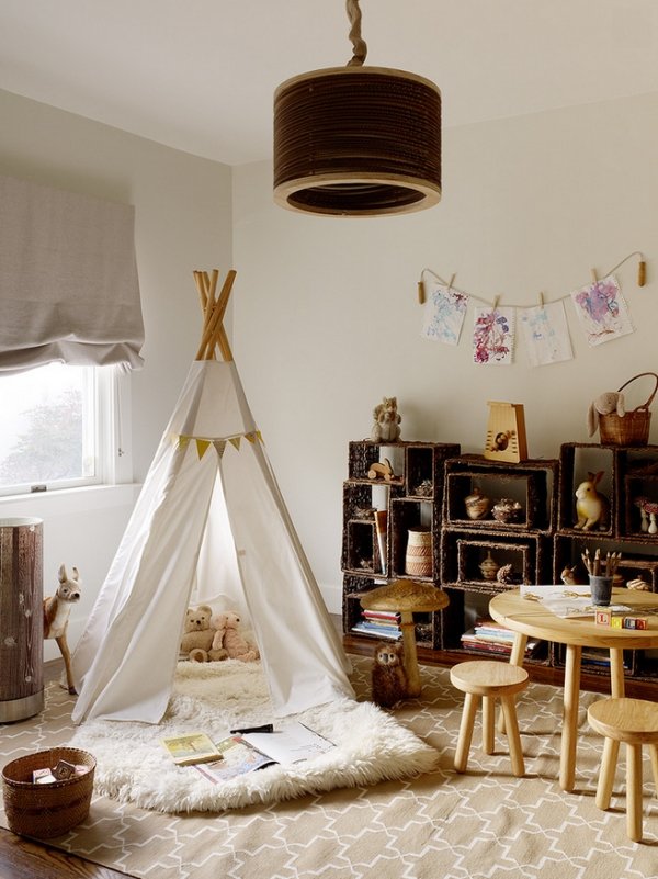 Tenda indígena tenda - área de recreação infantil - prateleiras com tapete iluminando berçário