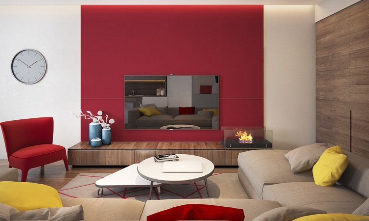 Cor vermelha Feng Shui cor da parede da sala de estar atrás da TV Taupe sofá de canto