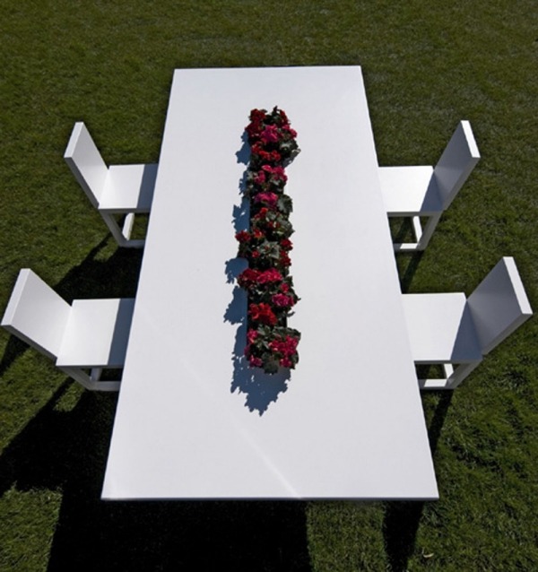móveis de jardim de alumínio branco mesa Bysteel com vaso de flores integrado