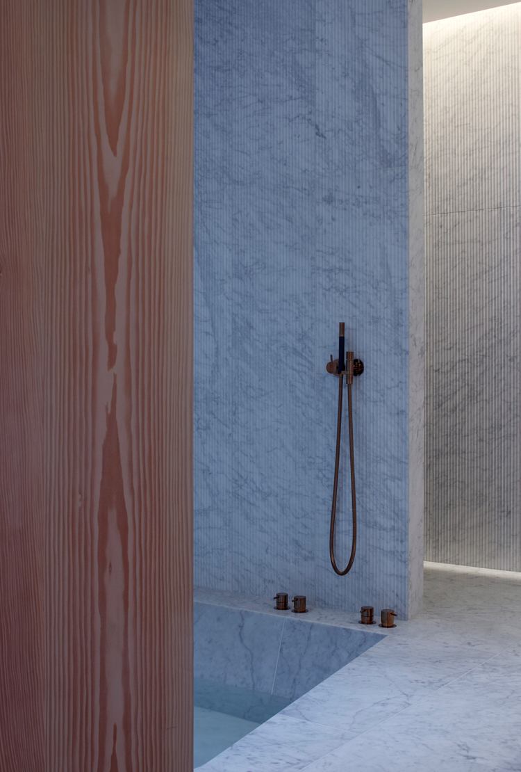 Área de banho com chuveiro de mão e revestimento de parede em mármore Carrara