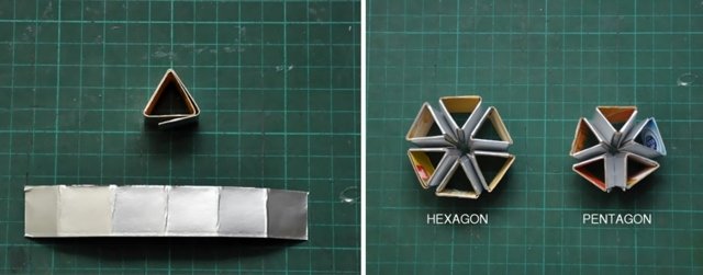 Tiras de papelão dobradas hexágono ou pentágono