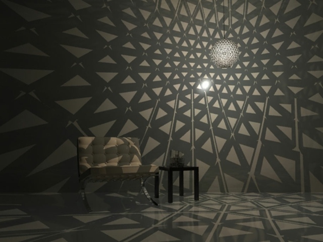 Efeito 3D com motivos simétricos sala com papel de parede e poltrona