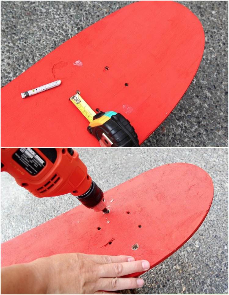 faça balanço para crianças projeto DIY consertador de jardim medindo buracos de perfuração em pranchas de skate antigas
