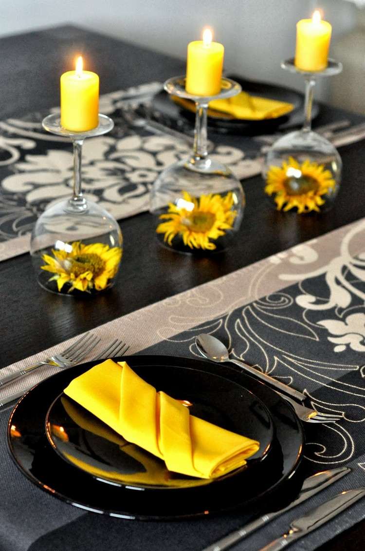 Decoração de mesa DIY - ideias - girassol - taças de vinho - conjunto de cabeça - castiçal