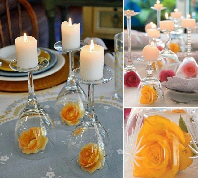 porta-vela de vidro de vinho rosas amarela decoração diy