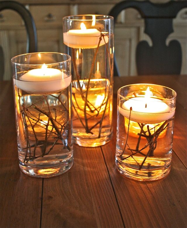 velas flutuantes decorações ramos água copo