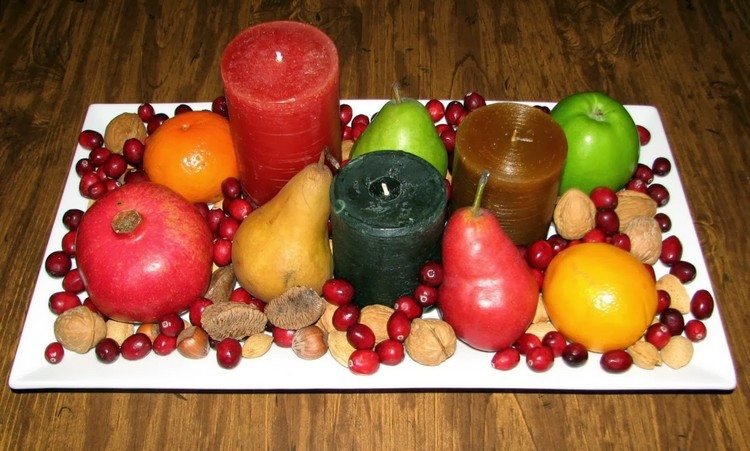 DIY idéias de decoração de mesa-pilar velas-bagas-nozes-fruta