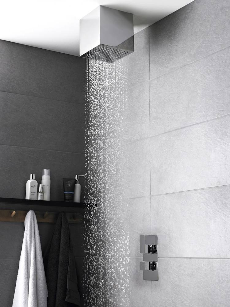 chuveiro-ideias-banheiro-chuveiro de chuva-monocromático-moderno-cinza-minimalista