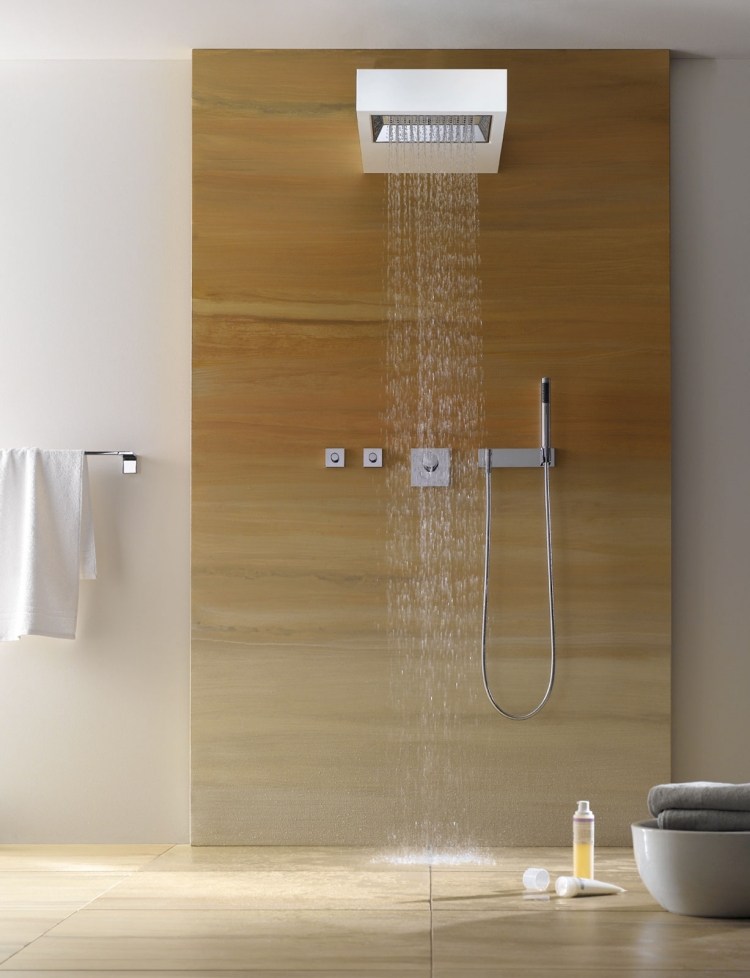 chuveiro-ideias-banheiro-chuveiro de chuva-madeira-acessórios-design-moderno-caramelo