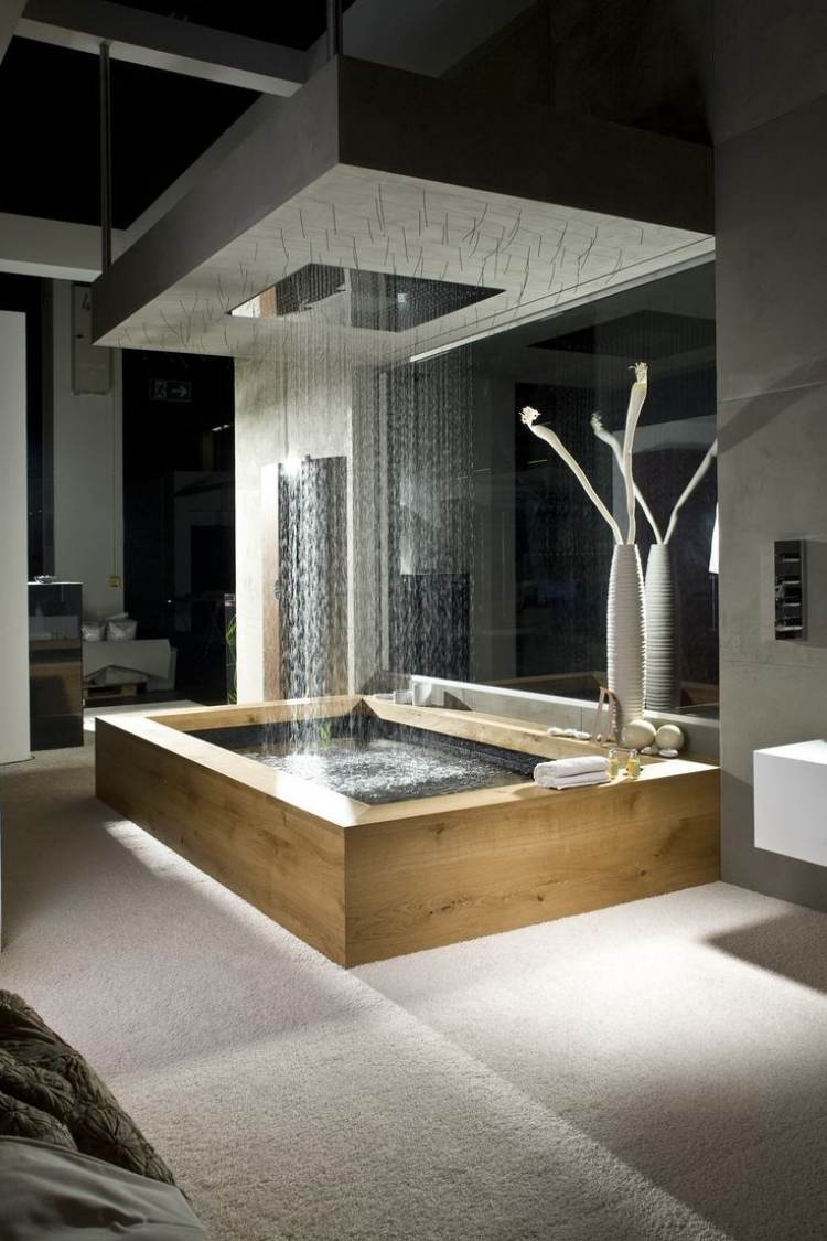 chuveiro-idéias-banheiro-chuveiro de chuva-banheira-design moderno-carpete de parede de vidro