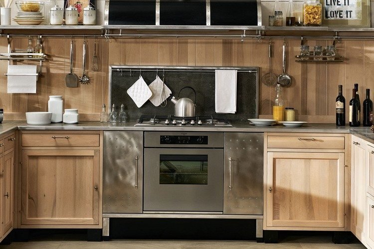 Bancada de cozinha em aço inoxidável - madeira maciça embutida - armários de cozinha - fogão a gás
