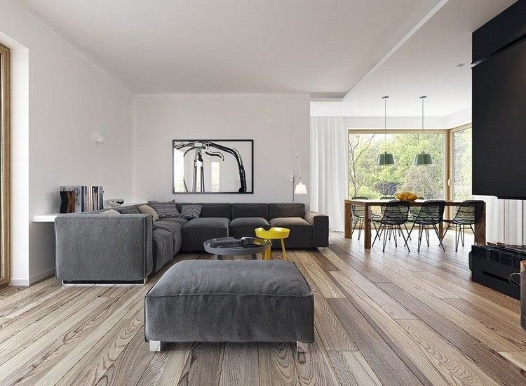 sala de estar moderna sofá-cinza-tábua-chão-branco-mesas laterais de parede