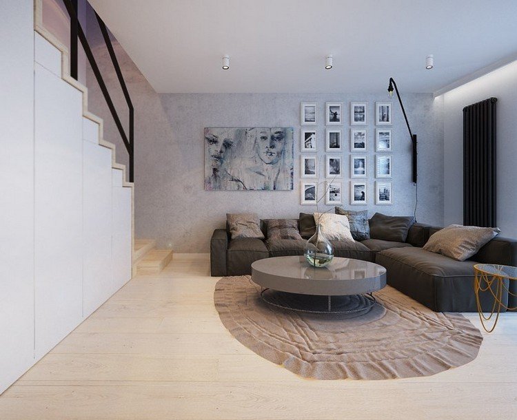 Moderno sofá de canto de sala de estar cinza-redondo-mesa de centro-alto brilho-piso de madeira clara