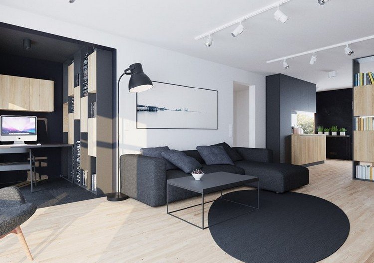 moderna-sala de estar-sofá-antracite-luz-madeira-piso-paredes brancas