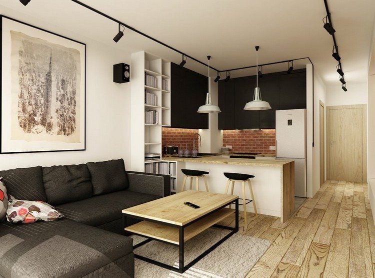 moderna sala de estar sofá-preto-piso de madeira-cozinha-península