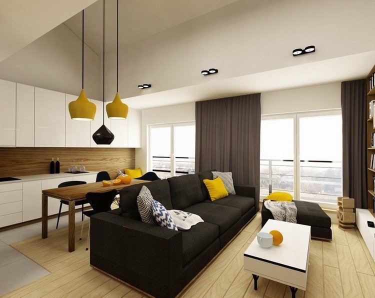 moderna-sala de estar-sofá-preto-claro-piso de madeira-branco-cozinha-amarelo-acentos