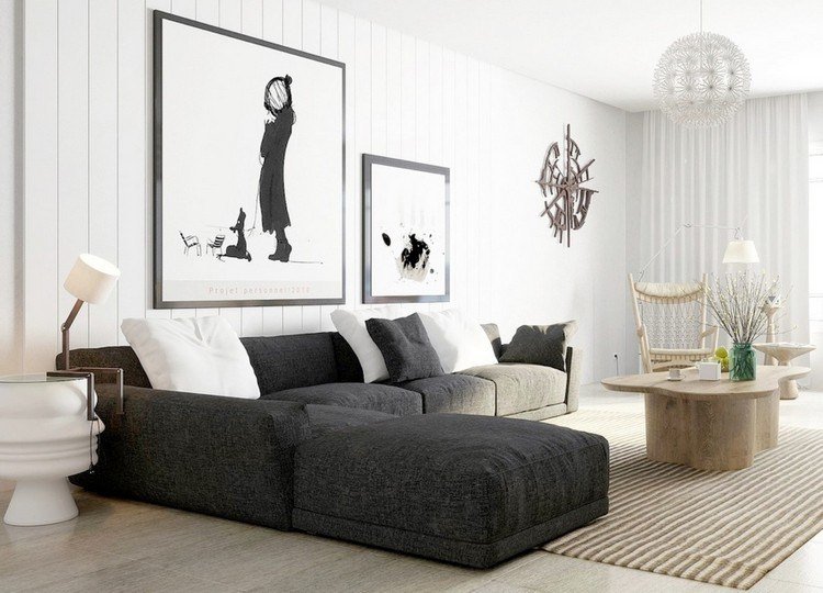 moderna-sala de estar-sofá-cinza-escuro-azulejos-madeira-aparência-madeira-mesa de centro-parede-design-branco