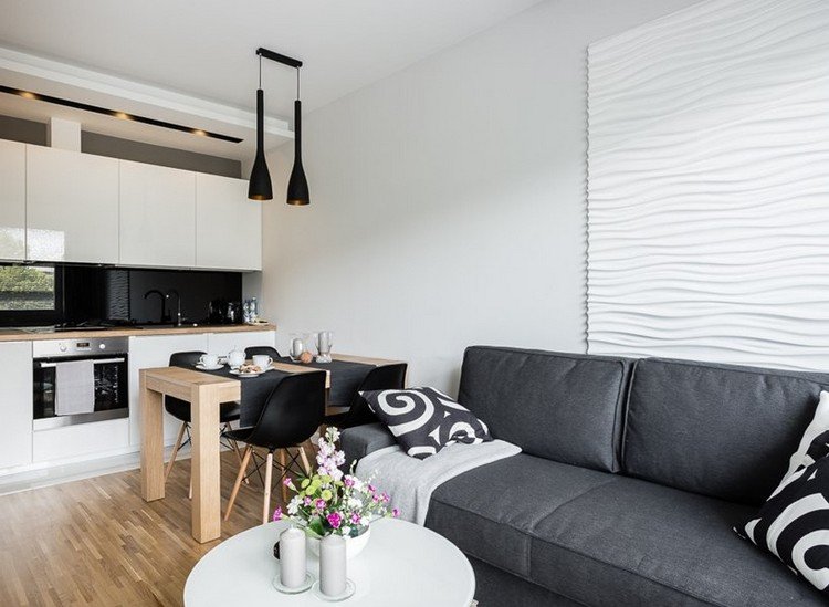 moderna-sala de estar-sofá-cinza-branco-cozinha-madeira-mesa de jantar-piso com lareira
