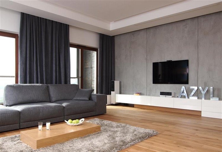 moderna-sala de estar-sofá-cinza-madeira-piso-tapete desgrenhado-branco-baixo-quadro-parede-tv